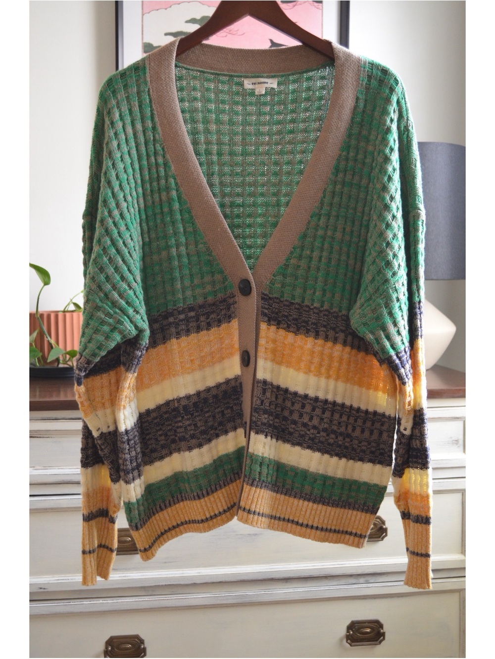 eesome Green & Yellow Striped Button-Front Cardigan